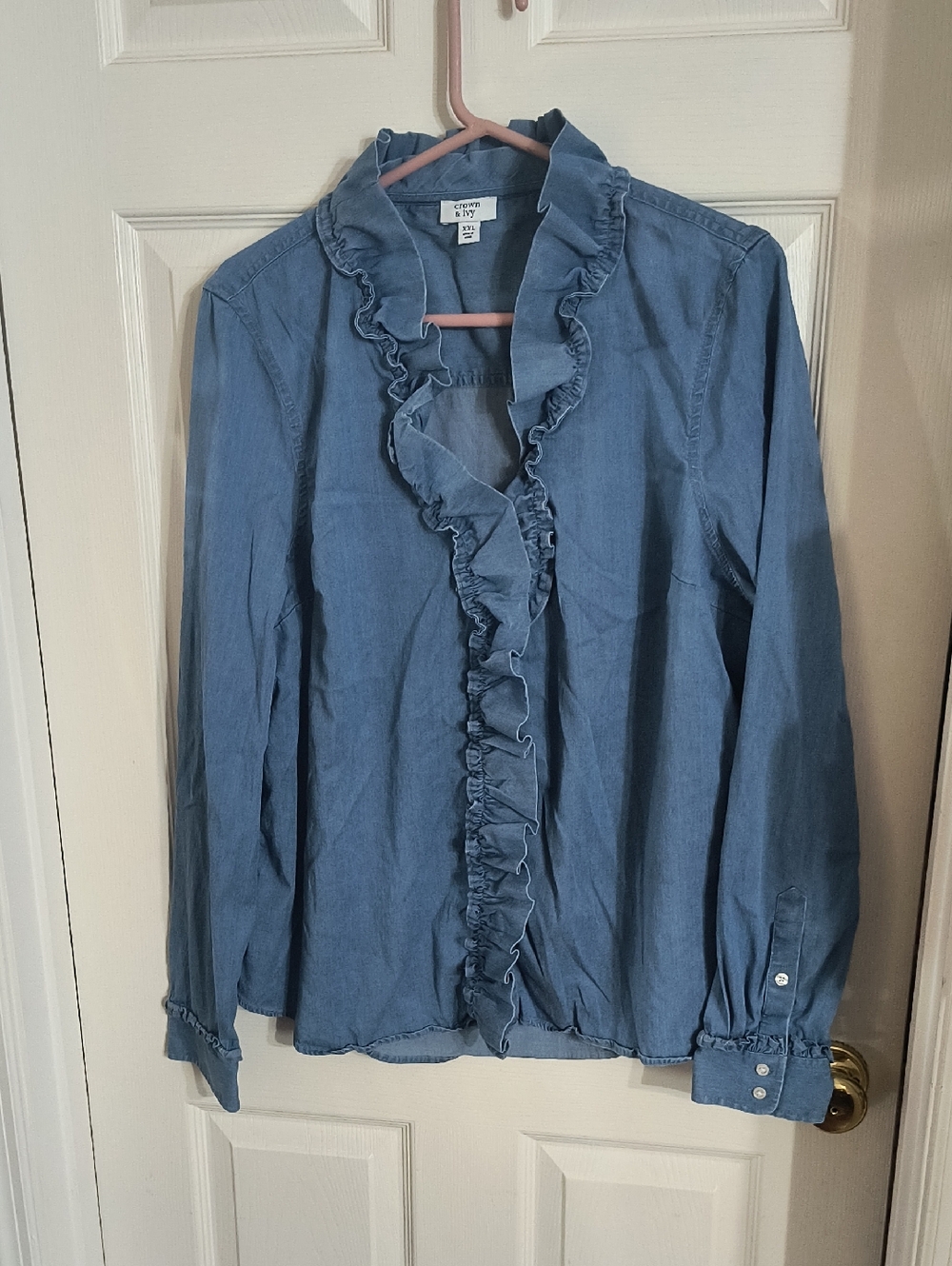 Beautiful Denim Look Crown & Ivy  Light Blue Ruffle-Front Button Down Shirt
